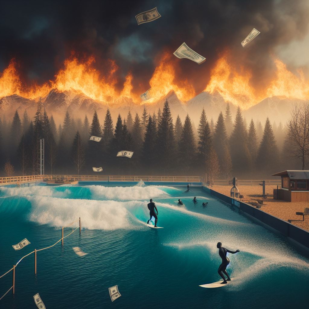 pilts1974's tweet photo. AI picture generator got what I wanted spot on here. The planet finds itself in the worst possible position, yet developers still want to capitalise on every inch of land, to sell people a fake wave. #savebetteshanger #protectwildlife https://t.co/hryodasHNJ