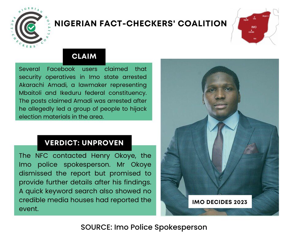 AfricaCheck_NG's tweet photo. Multiple Facebook users allege the arrest of Akarachi Amadi, an Mbaitoli and Ikeduru federal constituency lawmaker in Imo state. He's said to have led a group in hijacking election materials.
#ImoDecides2023 #ImoElection #2023Election https://t.co/j0ALBgL1jo