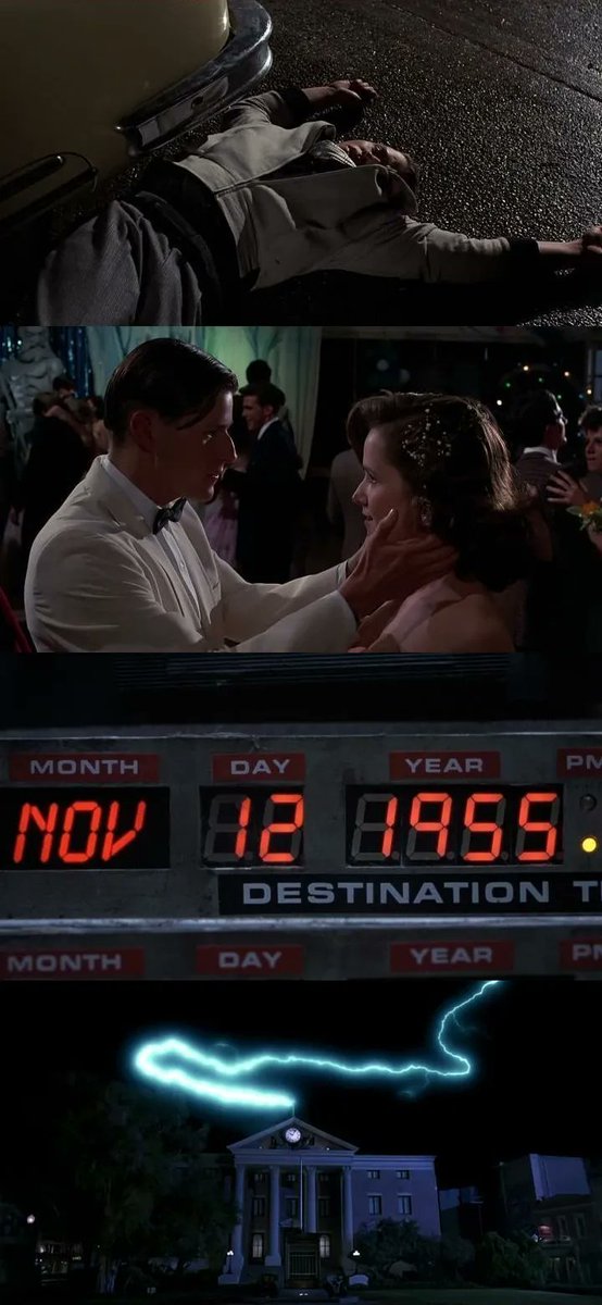 CineCalendar's tweet photo. Nov 12th 1955 - The Hill Valley clock tower was struck by lightning, George decked Biff and saved Lorraine, Marty travelled Back to the Future.

📽️📅 Back to the Future (1985) #BackToTheFuture https://t.co/cD6qoKxZTs
