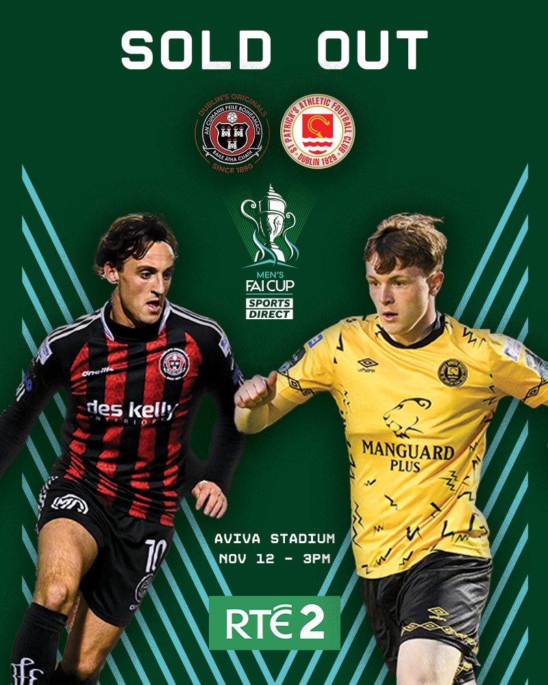 The Sports Direct Men's FAI Cup Final is now officially SOLD OUT. 

What a day ahead we have with Bohemians taking on St. Patrick's Athletic at a packed Aviva Stadium 🏆

#FAICup | #BOHPAT
