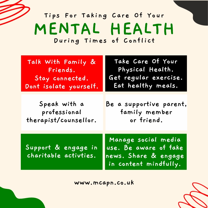 Tips for supporting and managing your mental health, emotional health &amp; wellbeing during times of conflict.

Search for a Muslim Counsellor on our Muslim Counselling Directory: mcapn.co.uk/counselling-di…

#muslimmentalhealth #mentalhealth #therapy #counselling