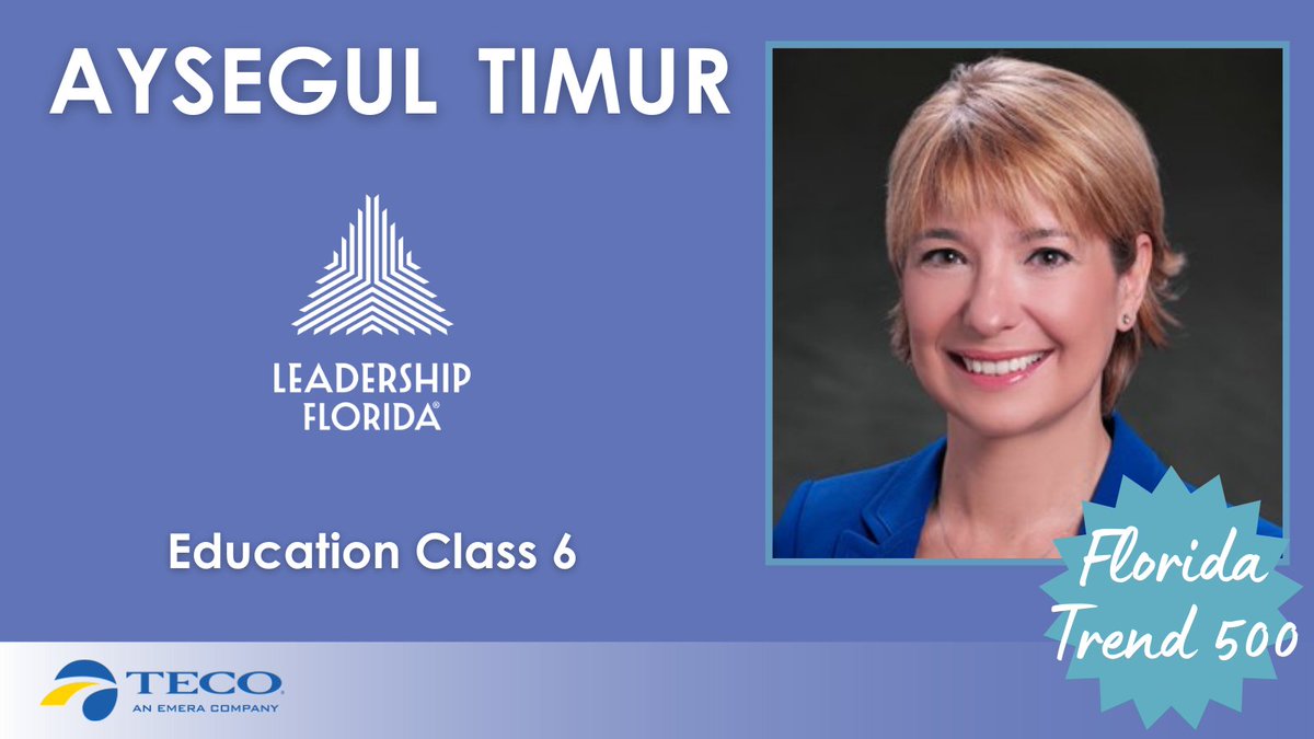 LeadershipFla's tweet image. Congratulations to #LifetimeMember Aysegul Timur (#EducationClass6 #ClasSix, #SouthwestRegion) for being selected as one of @FloridaTrend's Top 500 Influentials in Florida in the Education category. Aysegul is the president of @FGCU.

Sponsor: @TampaElectric