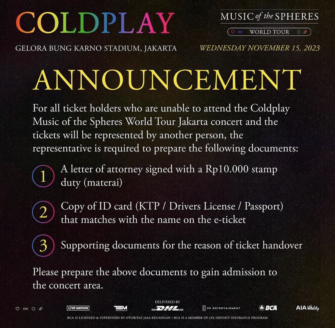 IDWantsColdplay's tweet photo. 3 DAYS TO GO!  #ColdplayJakarta 🇮🇩

🚨Please pay attention to the information below regarding ticket ownership.

Teman-teman saling mengedukasi ya dan share info yang sudah beberapa kali berpengalaman menghadiri konser sejenis sebelumnya 🫶🏼 https://t.co/iMqO8Wm5wP