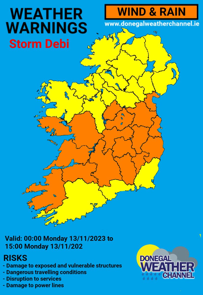 DonegalWeatherC's tweet photo. 🟠Storm Debi has been named and will arrive tonight. Status Orange &amp; yellow wind &amp; rain warnings have been issued with potential for warnings. View all warnings here 👉https://t.co/bhv3YAjFoi

#stormdebi #ireland #weather #weatherwarning https://t.co/zzq6aGfmmY