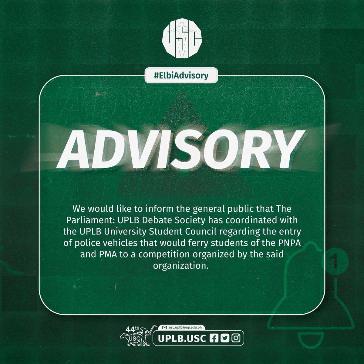 UPLBUSC's tweet photo. #ElbiAdvisory | On the sightings of police vehicles

We would like to inform the general public that The Parliament: UPLB Debate Society has coordinated with the UPLB USC regarding the entry of police vehicles that ferry students from PNPA and PMA to their competition.

[1/3] https://t.co/n26vxO3lea
