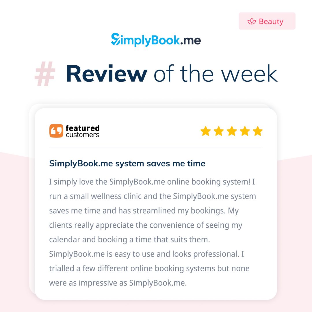 SimplyBookMe's tweet image. 🌟 Review of the Week 🌟 
⠀
Experience the time-saving, client-pleasing &amp;amp; professional advantages of SimplyBook.me for your #WellnessClinic.
⠀
Explore &apos;s impressive #OnlineBookingSystem that&apos;s perfect for #Beauty &amp;amp; #WellnessBusiness