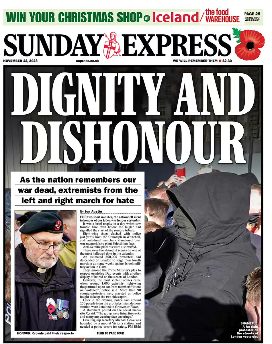 SymonHill's tweet image. Embarrassing news for the #SundayExpress: I&apos;ve just learnt that the person who they feature as an image of &quot;dignity&quot; - in contrast to protesters - was not only wearing a #whitepoppy but also *joined* the #ceasefire march after leaving the #Cenotaph!