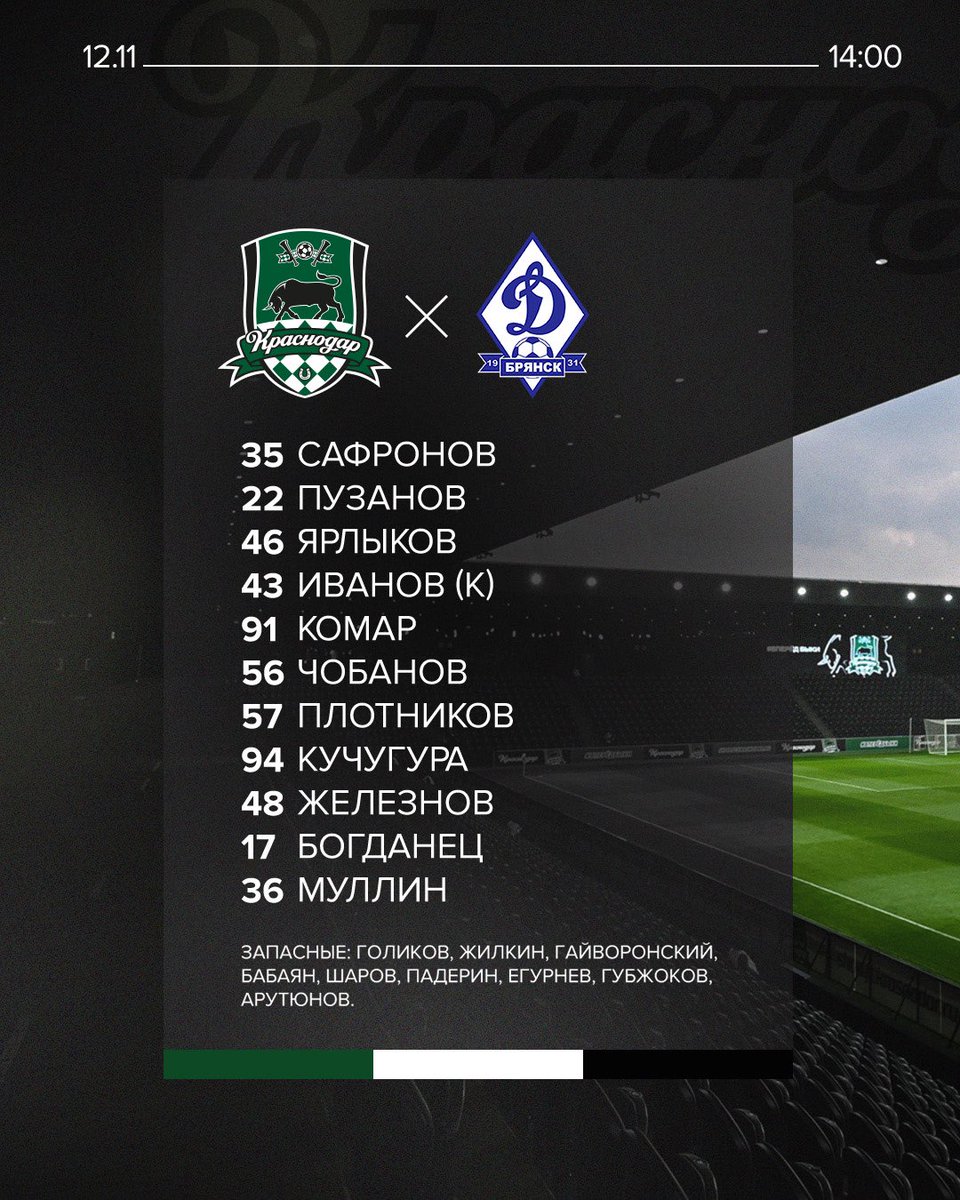 Рома Сафронов - в воротах🥅, а Руслан Бабаян может дебютировать в профессиональном футболе 😉

📋 Наш состав на матч #Краснодар2ДинамоБрянск