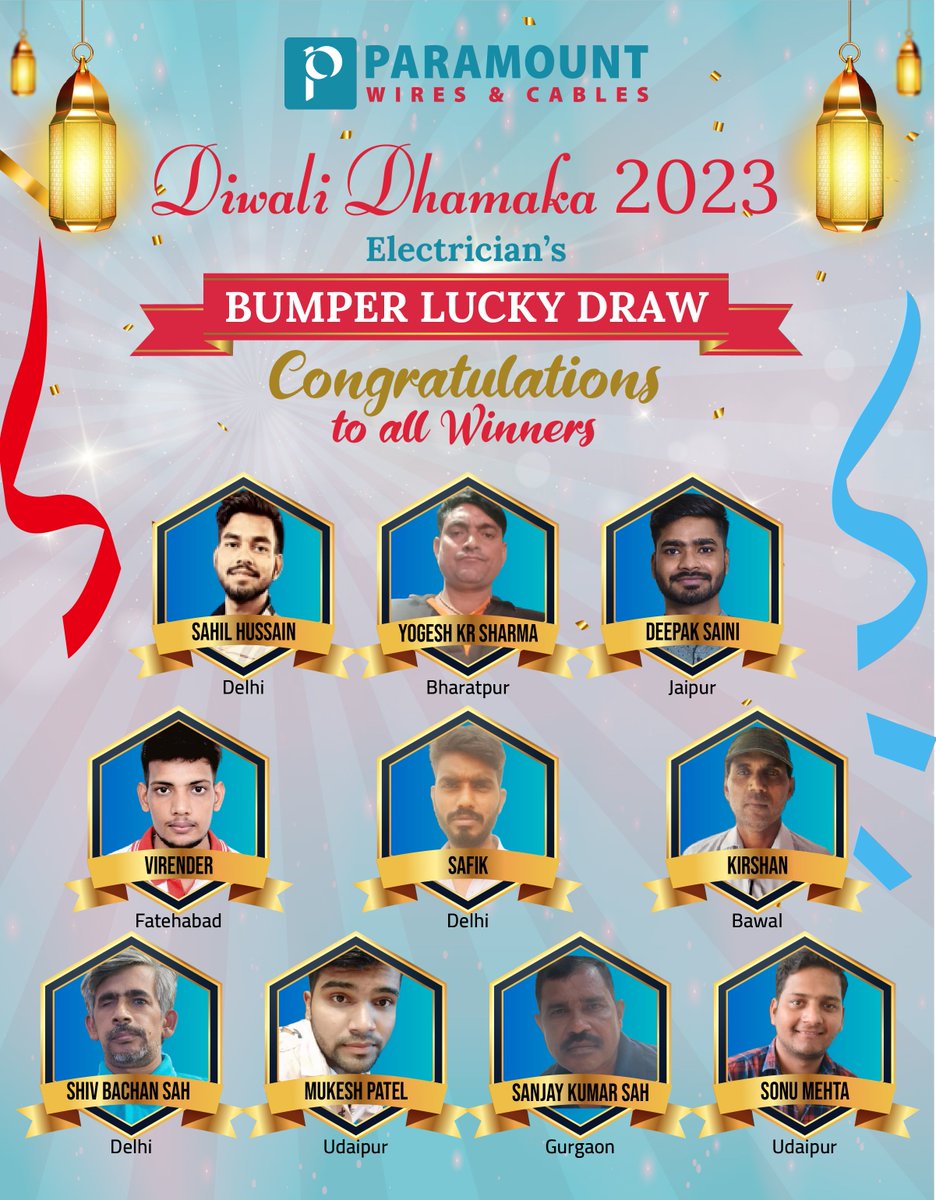 Congratulations to All Bumper Lucky Draw Winners of Diwali Dhamaka 2023.

#DiwaliOffer #paramountwiresandcables #DiwaliDhamakaOffer #luckydrawchallenge #bumperluckydraw #paramountcommunications #paramountparivar