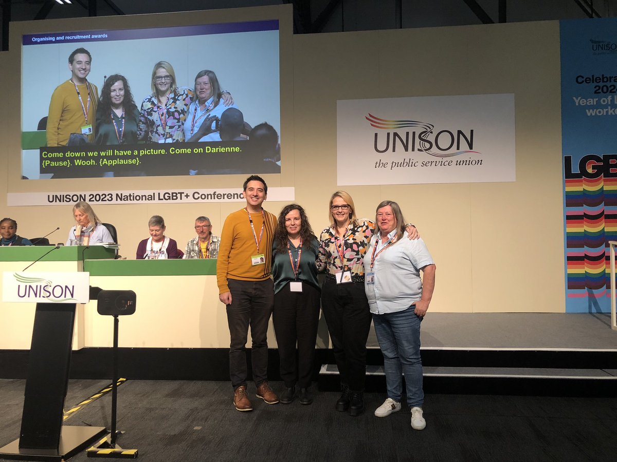 Our LGBT+ Officer Alexis Candland with other @NorthWestUNISON LGBT+ reps and @unisontheunion President @UNISONLibby who congratulated them for the excellent work they’ve done over the past 12 months! 👏✊🏳️‍🌈🏳️‍⚧️ #ULGBTplus23