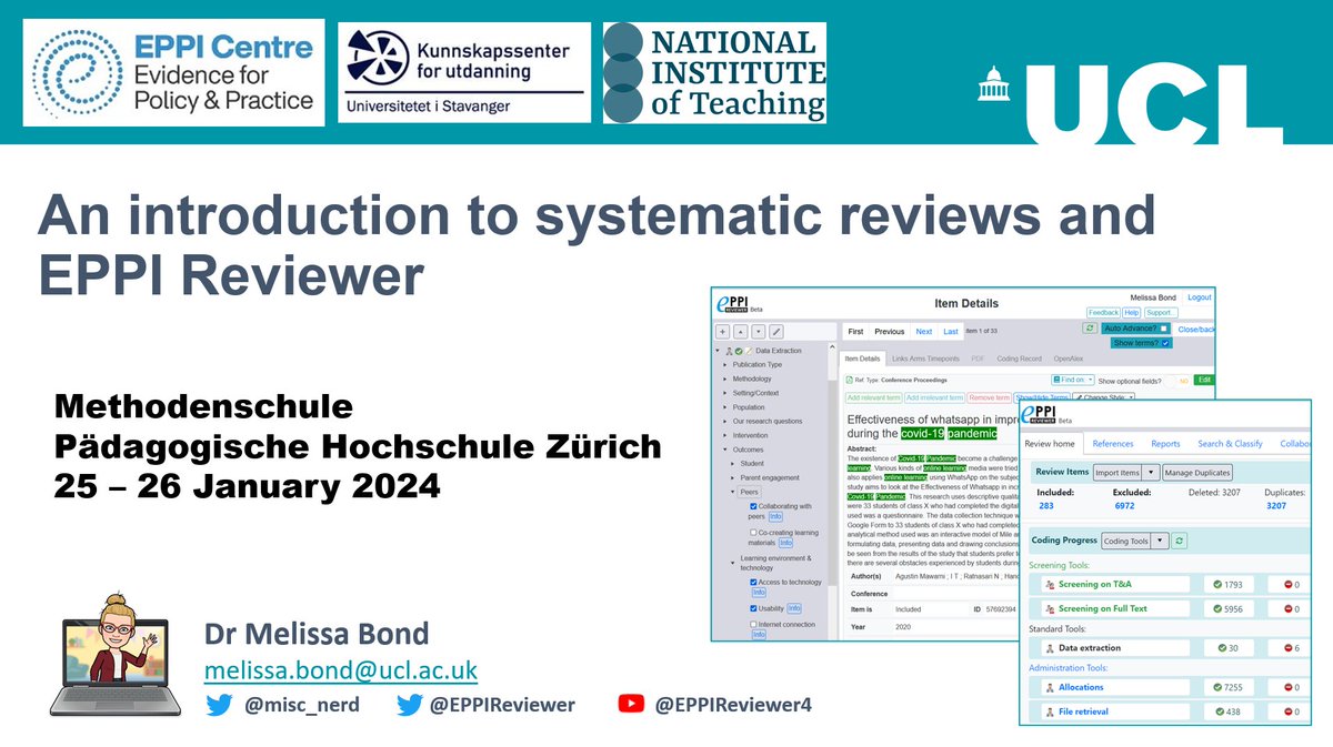 Dr Mel Bond MCCT (@misc_nerd) on Twitter photo Are you interested in learning more about #EvidenceSynthesis, conducting #SystematicReviews & using @EPPIReviewer? Come along to <a href="/phzuerich/">Pädagogische Hochschule Zürich</a> on 25 & 26 Jan 2024 for an intro workshop with me! 🥳
ℹ️ phzh.ch/ueber-die-phzh…
#PhDChat #AcademicTwitter #PhD #HigherEducation Are you interested in learning more about #EvidenceSynthesis, conducting #SystematicReviews & using @EPPIReviewer? Come along to <a href="/phzuerich/">Pädagogische Hochschule Zürich</a> on 25 & 26 Jan 2024 for an intro workshop with me! 🥳
ℹ️ phzh.ch/ueber-die-phzh…
#PhDChat #AcademicTwitter #PhD #HigherEducation