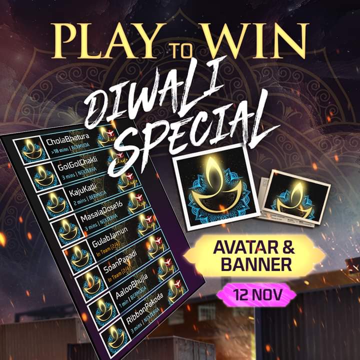 ✨ Play to Win! 
Unleash the Diwali magic and seize the exclusive Diwali Special Avatar and Banner. 🎮🏆

#Diwali #Booyah