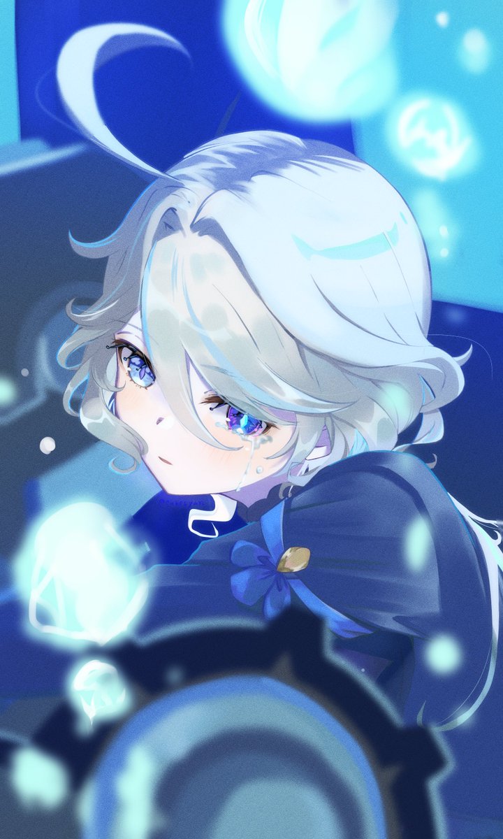 blue eyes male focus solo crying ahoge 1boy tears  illustration images
