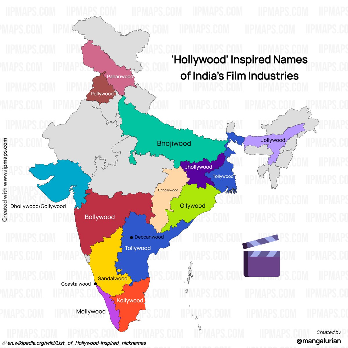 Diverse and inspired names of regional film industries, all paying homage to the legendary 'Hollywood'. Viz: iipmaps.com/view/hollywood… (@indiainpixels) #Hollywood #Bollywood #Tollywood #Kollywood #India