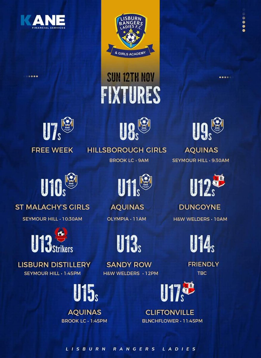 🔹Academy Weekend Fixtures🔹

📆 Sun 12th Nov 2023 
🏟 Multiple Venues 

🤝🏻 Academy Sponsor: Kane Financial Services
🧑🏽‍💻 Media: @ChrisScottPics

#UppaBlues #WeAreLisburn #LisburnRangersLadies #Lisburn #LisburnRangersFamily #GameChangersNI #KaneFinancialServices