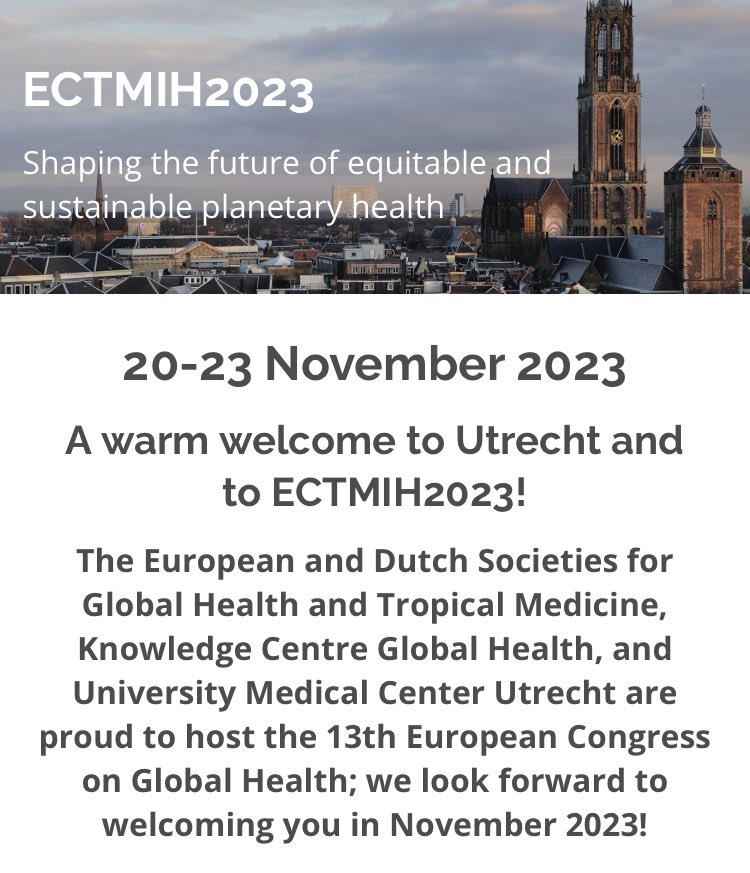 🌎 Just a week until we’ll host the 13th European #GlobalHealth Congress #ECTMIH2023 in 🇳🇱!

Conference theme: "Shaping the future of equitable and sustainable #PlanetaryHealth"

Accredited for health professionals. 

More info &amp; registration (day/full): ectmih2023.nl