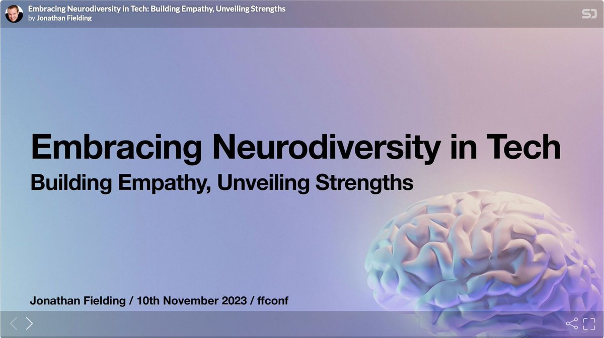JonthanFielding's tweet image. I've refreshed my @ffconf talk page on Neurodiversity in Tech, now featuring the slides. Visit buff.ly/40yzNwr for this and more resources #NeurodiversityInTech #ffconf
