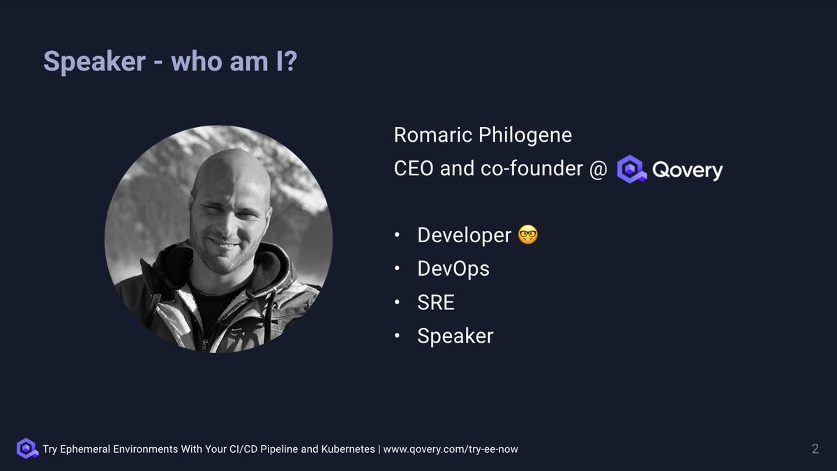 rophilogene's tweet photo. 👨🏫 Here are my slides from my last talk on creating Ephemeral Environments for CI/CD Pipelines with Kubernetes. You can also watch my talk on YouTube: https://t.co/d52ovnRuIf
Enjoy :)
#kubernetes #cicd #devops #qovery #ephemeralenvironments https://t.co/ZPclFyvlRa
