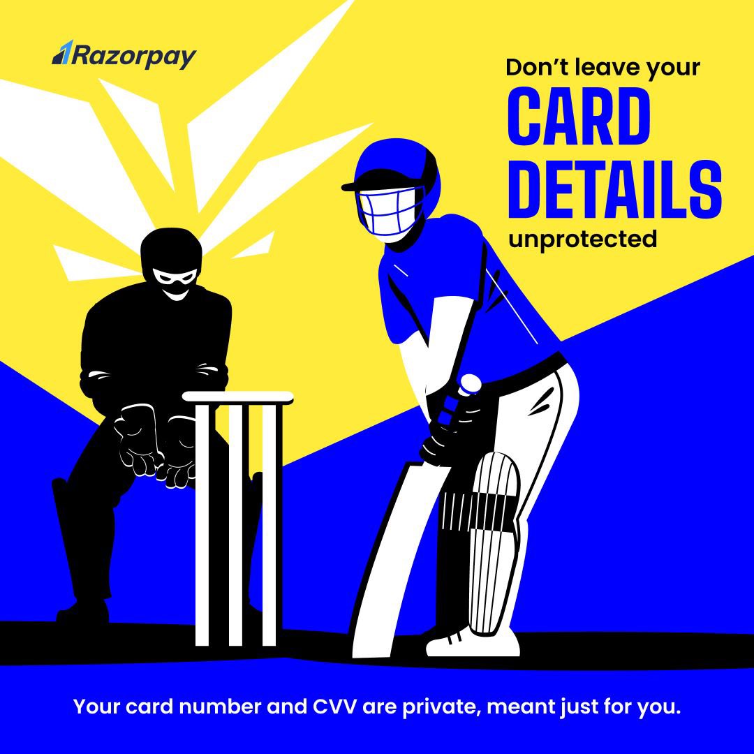 Razorpay's tweet photo. Protect your wicket 🏏
Just like your card data
#ICCWorldCup2023 #DigitalPaymentsSafety https://t.co/16kK3MrvSM
