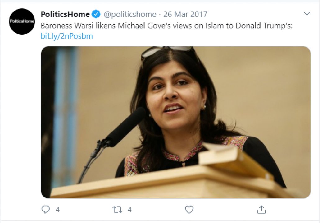 TweetForTheMany's tweet photo. Politicshome have deleted this article from 2017

Baroness Warsi (a fellow Tory) was so concerned about Michael Gove's anti-Muslim rhetoric that she went public.

Gove is associated to right wing think tanks that promote racial hatred.  Some directly others more subtly. https://t.co/YW4dLhTX2M