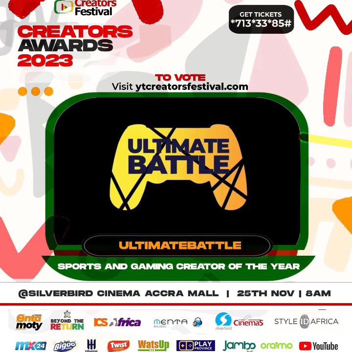 Dear friends and fans,

My bro has been nominated for the *YouTube Sports and Gaming Creator of the Year award!* 

Link here: ytcreatorsfestival.com/poll/ghana-cre…

Your votes for *"Ultimate Battle"* mean the world to him, and they're completely *FREE.* Your support will boosts his team's