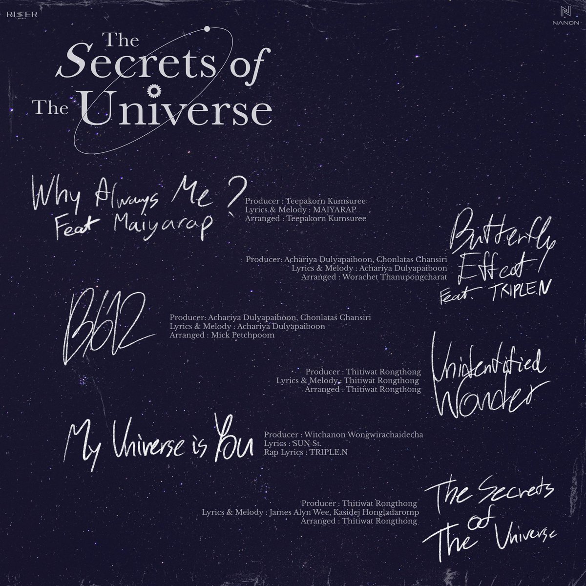 RiserMusic's tweet photo. TRACK LIST
THE SECRETS OF THE UNIVERSE🪐
15 NOV - ALBUM DIGITAL RELEASE ,
ALBUM VISUALIZER RELEASE
#Nanon1stAlbum
#TheSecretsOfTheUniverse
#RISERMUSIC https://t.co/huhpQ3arbe