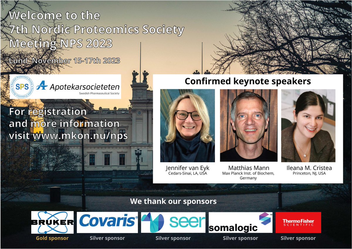 SwedishProtSoc's tweet image. We are ready! Looking forward to welcoming you to Lund on 15-17/11 for the NPS 2023 meeting #NPS2023Lund! For the program and practical info, please see mkon.nu/nps. We thank our sponsors @BrukerMassSpec, @Covaris, @thermofisher, @SomaLogic and SEER.
