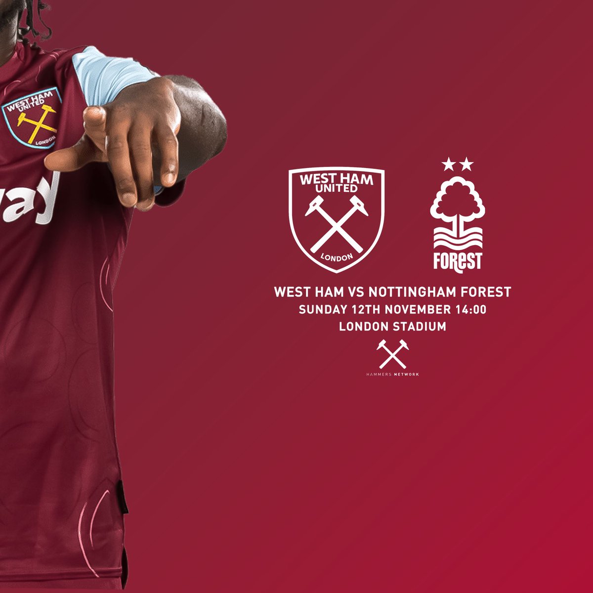 HammersNetwork's tweet photo. MATCHDAY!

🆚 Nottingham Forest
🏟️ London Stadium
⏰ 14:00 BST
📺 Sky Sports

COME ON YOU IRONS ⚒️ https://t.co/EaX2AEVPaN