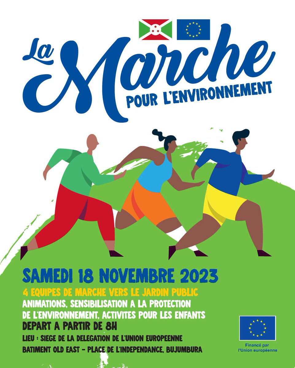 Ni_Babandi's tweet photo. 🔜 Pour la  #GreenDiplomacyWeek2023, @UEauBurundi organise au #Burundi, une marche pour l’environnement;

🚶🏽‍♀️🚶🏽‍♂️Sont invités les marcheurs occasionnels, les randonneurs et les clubs #environnement. Elle se tiendra le samedi, 18 novembre 2023. https://t.co/19IIPqeFcs