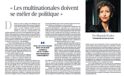 Intéressant point de vue de ma copine @MayadaBA, présidente @HavasParis, dans @LaTribune dimanche sur le rôle des entreprises dans les conflits qui secouent la planète. Doivent-elles s'engager, prendre partie ou botter en touche? Je n'ai pas la réponse, Mayada oui. A méditer.