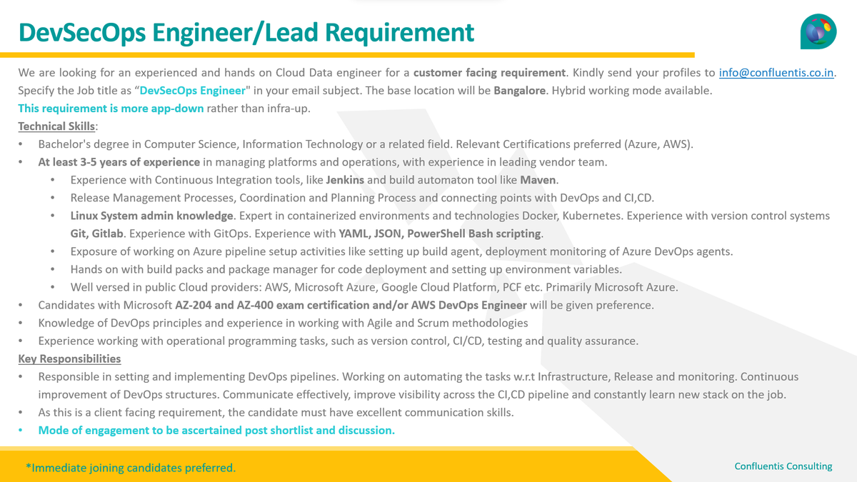 Exciting requirement for DevSecOps enthusiasts with 3-5 years experience. Kindly send your profiles to info@confluentis.co.in. Specify the Job title as “DevSecOps Engineer" in your email subject.

#bengalurujobs #itandsoftware #dataops #devsecops #cicd #kubernetes