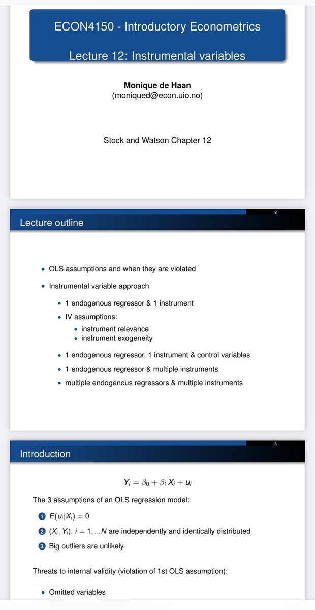 Hi #EconTwitter!

Looking for some introductory #econometrics slides? 

Check out this set of 15 lectures by Monique de Haan (Univeristy of Oslo), based on <a href="/jimstockmetrics/">Jim Stock</a>-Watson textbook. 

Simple &amp; well crafted material. Have a look! 📚

Link: uio.no/studier/emner/…