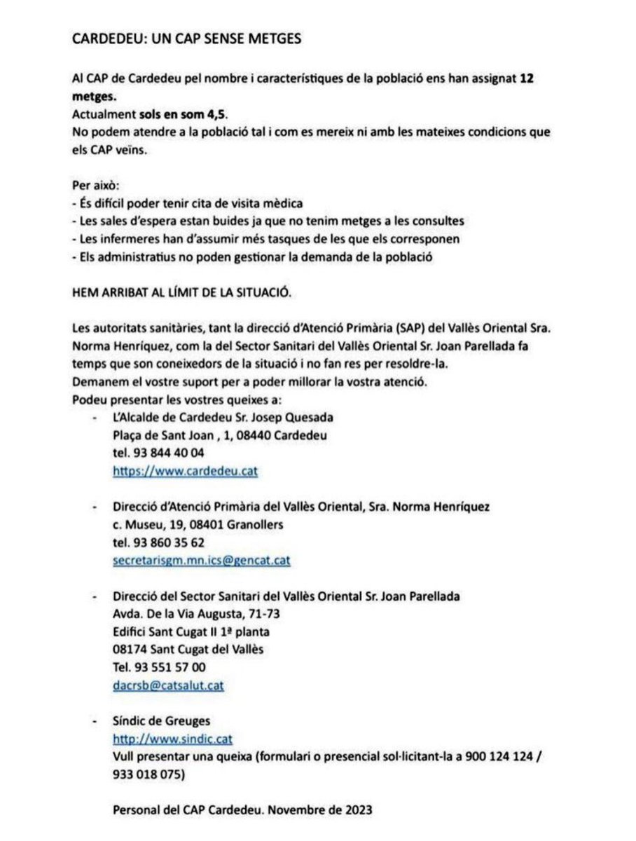 Tristíssima aquesta carta. <a href="/icscat/">ICS. Generalitat</a> <a href="/manelbalcells/">Manel Balcells</a> què fareu? 
Tot el suport als companys de #Cardedeu. Una realitat compartida per molts altres centres. Voleu ajudar-los/nos compartint?
<a href="/metgescatalunya/">Metges de Catalunya</a> <a href="/COMBarcelona/">Col·legi Metges BCN</a>