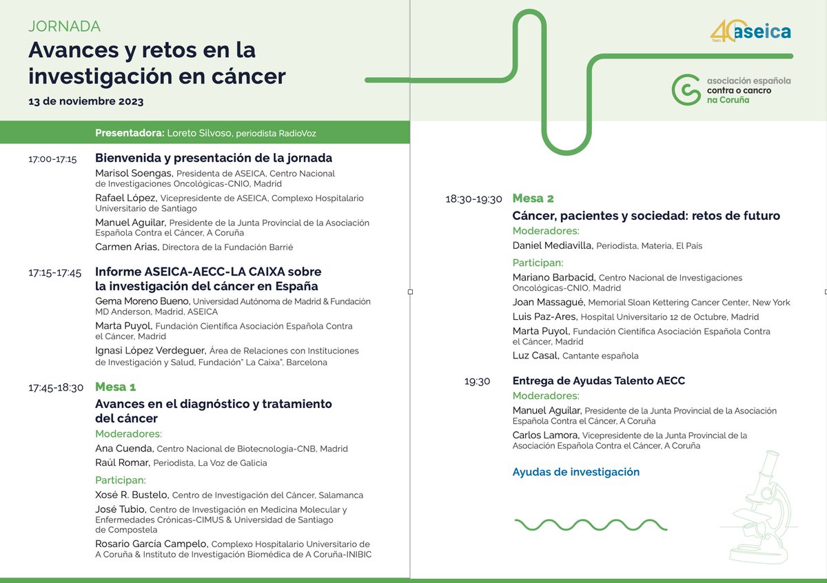 JORNADA DIVULGATIVA: "Avances y retos en la investigación en cáncer"

🗓️ Lunes, 13 noviembre (a partir de las 17:00)
📍 Fundación Barrié (Cantón Grande, 9. A Coruña)

Por todos y para todos. Para quienes lo investigan y para quienes desean saber que se hace contra el cáncer.