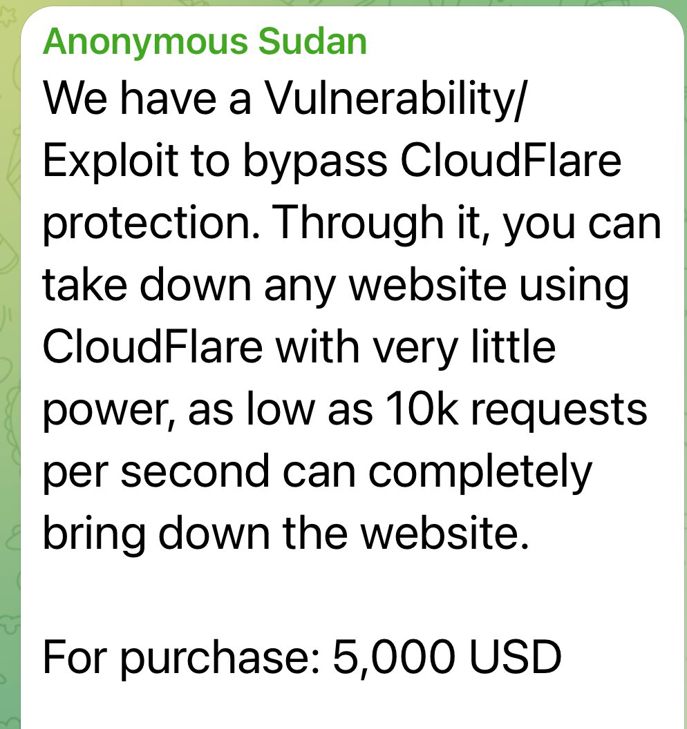 FalconFeedsio's tweet photo. 🚨 Threat Intelligence Update: Anonymous Sudan’s Claim on Cloudflare 🚨

Anonymous Sudan is taking its cyber campaign to a new level, claiming they’ve acquired a vulnerability that could bypass Cloudflare’s robust defenses. In an unexpected turn, they’re reportedly opting to sell this access, marking a strategic shift from their typical DDoS onslaughts.

This development could signify a change in tactics for the group, known for its relentless DDoS attacks, which often hit a wall against Cloudflare’s protective measures. The sale of such a vulnerability indicates a more calculated approach in their cyber warfare strategy.

Stay tuned as we continue to monitor the situation and assess the implications of this potential threat.

@Cloudflare 
#CyberThreatIntelligence #Cloudflare #CyberSecurity #AnonymousSudan #DDoS