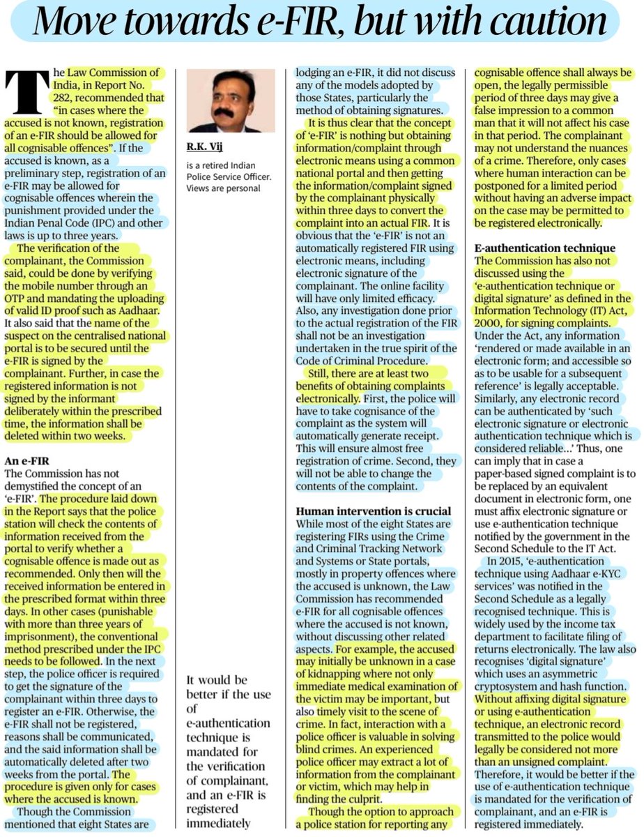 imRavikantYadav's tweet photo. 'Moving towards e-FIR, but with caution'

:An informative article by R.K.Vij Sir @ipsvijrk ,demystifying eFIR &amp; related concepts,its benefits,Workings,Impact,info frm Law Commission's report on #eFIR &amp;More...

#FIR #eFIR #eAuthentication #DigitalSignature 
#law 

#UPSC 
Source:TH https://t.co/mwVHq4mNHh
