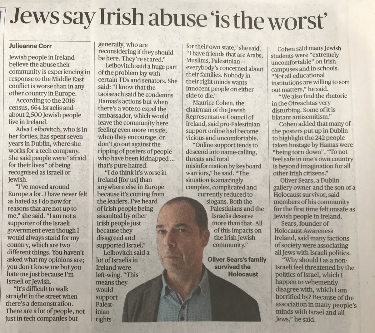 Holocaust_Irl's tweet photo. In the Sunday @thetimesIE a few of us talk to @JulieanneCorr about how Jews in Ireland feel in a climate where anti-Isreal sentiment and antisemitism are conflated as never before. Those in office should temper their rhetoric, they are responsible for the safety of all citizens. https://t.co/rW17is8DqB