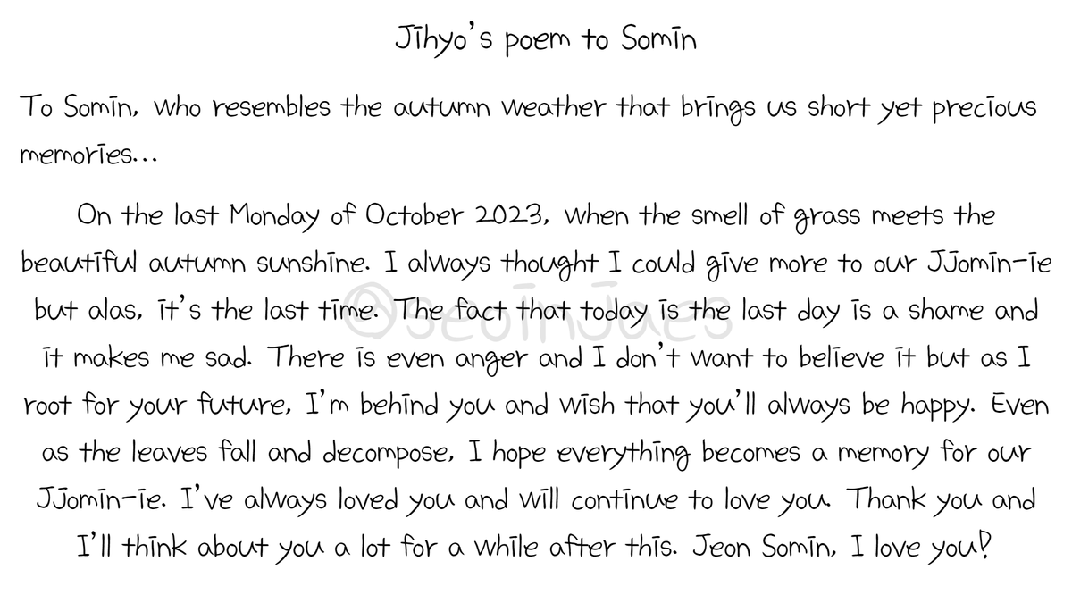 seoinjaes's tweet photo. Jihyo's poem to Somin

I’ve always loved you and will continue to love you. I’ll think about you a lot for a while after this.

#런닝맨 #RunningMan 
#JeonSomin #SongJihyo https://t.co/4t3IGqMeZ4