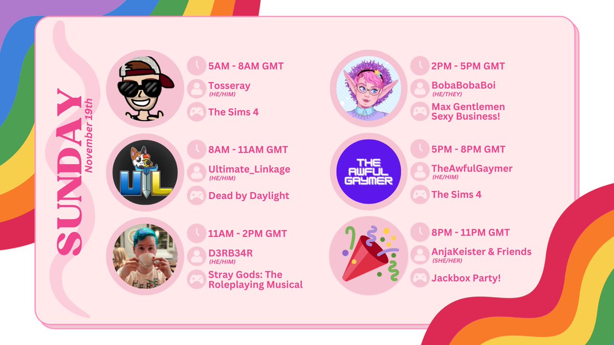 Next weekend come join us on Twitch for the Rainbow Raid Relay! Starting at 11pm GMT (6pm ET) on Friday 17th until 11pm GMT (6pm ET) on Sunday 19th!

@Nick_NMRTTV <a href="/ItsToptimus/">Toptimus</a> <a href="/AnjaKeister/">👻Anja Keister 👻</a> @RaeynShine @tosseray <a href="/PunpkinQueen/">PunpkinQueen 🏳️‍⚧️</a> <a href="/teknikolour/">Teknikolour</a> <a href="/BobaBoiVT/">BobaBobaBoi</a>