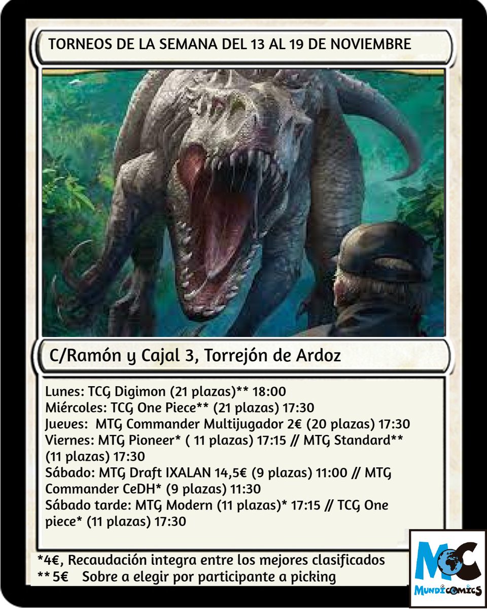 Ya tenemos los eventos del 13 al 18 de Noviembre!!! 
Esta semana destacamos el DRAFT de IXALAN!!! La nueva ampliación de Magic!!