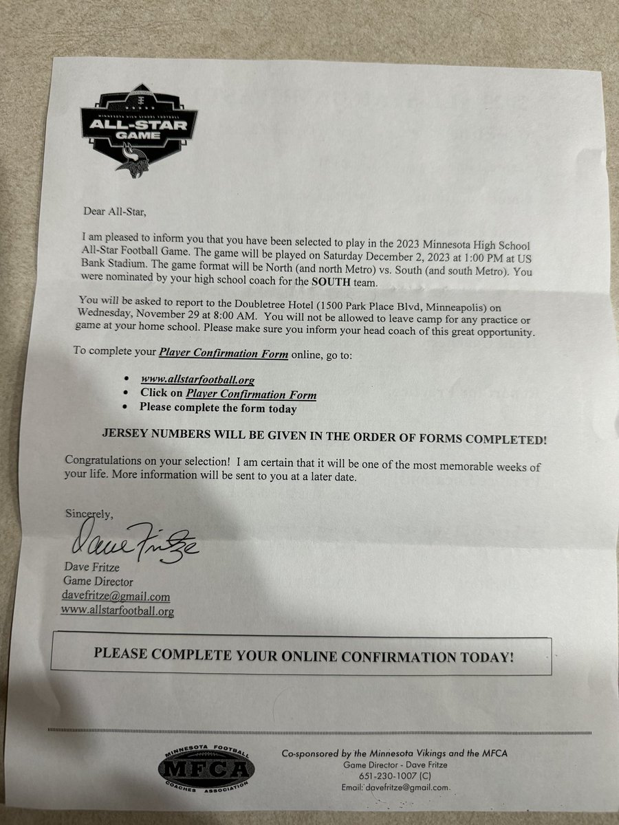 SaberFootball16's tweet photo. Big CONGRATS go out to @Vosper_Ryan for being selected by @mfca_now for the 2023 MN All-Star Football Game sponsored by @Vikings on Dec 2nd at 1pm @usbankstadium Well deserved recognition!  We know you will represent Shakopee Football well! #SaberPride 
@CoachBetton44 https://t.co/9d5JS36rGq