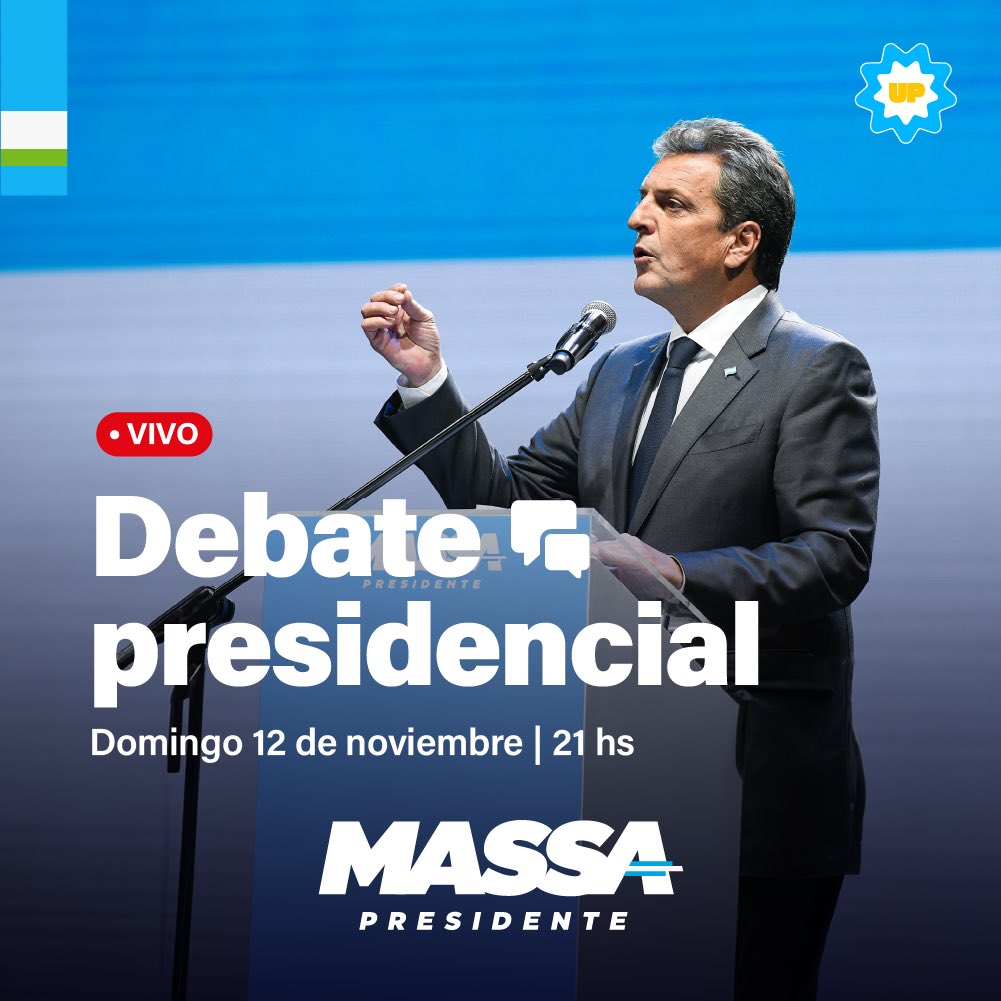 🎙️— Hoy a las 21 hs @SergioMassa va a estar en el #Debate2023 de candidatos a presidente. ▶️ Podés verlo en vivo acá: youtube.com/live/U5Lq24Ymx… #MassaPresidente 🗳️🇦🇷