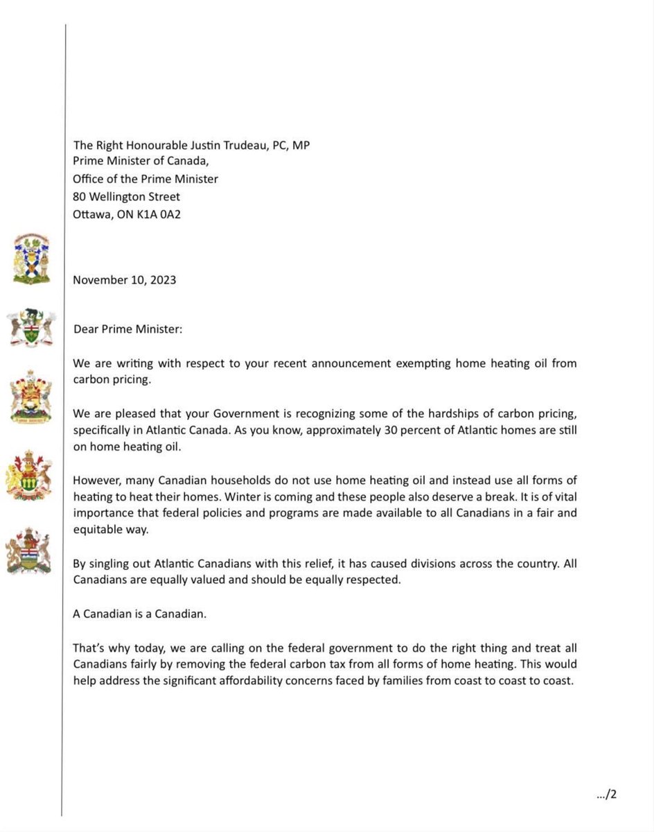 premierbhiggs's tweet image. I joined the Premiers of Ontario, Saskatchewan, Alberta and Nova Scotia calling on the Prime Minister for a meeting on carbon tax fairness for all households across Canada.
 
With winter quickly approaching, Canadians shouldn't have to choose between heating their homes or…