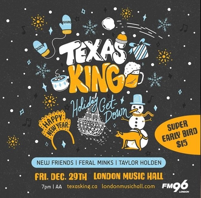 This just in @newfriendsmusic will be supporting with some other great artists @TexasKingBand in London ON Friday December 29th at the London music hall make sure to go get your tickets if you haven't already