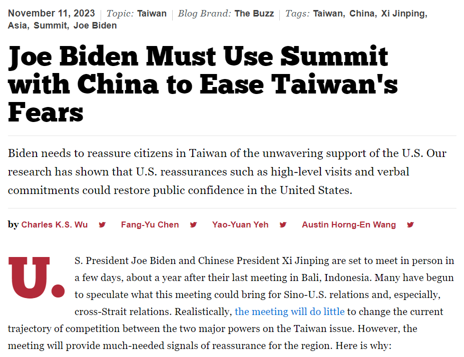 My team publishes an invited piece on <a href="/TheNatlInterest/">National Interest</a>. We argue that the Biden-Xi meeting will not change the structure between CN and US, but will at least make allies feel safer.
 Thank <a href="/wupolisciusa/">Charles K.S. Wu</a> , <a href="/FangYu_80168/">Fang-Yu Chen</a> , and <a href="/yeh2sctw/">Yao-Yuan Yeh</a>!
<a href="/UNLVPoliSci/">UNLV PoliSci</a> <a href="/unlv/">UNLV</a> 
nationalinterest.org/blog/buzz/joe-…