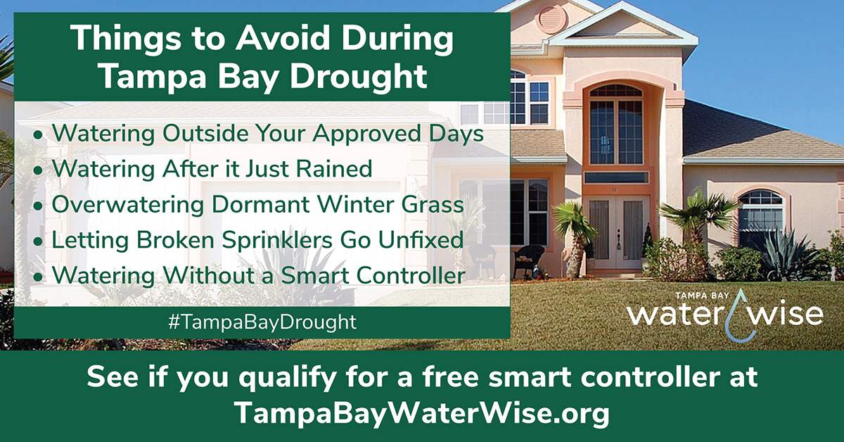 PinellasGov's tweet photo. Tampa Bay is in a drought with watering restrictions in effect. Homeowners should avoid these 5 things to save water, and money, during the #TampaBayDrought.
Click the link to see if you’re eligible for a free smart irrigation controller: https://t.co/6zT2yvEGnm #PCUT https://t.co/3hkmmY6yks