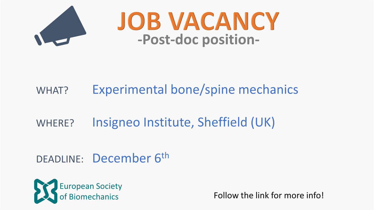 Are you looking for an exciting Post-Doctoral post in Experimental Bone/Spine mechanics? Join @Insigneo to work with @E_Dall’Ara and @MechanobioD on the EU funded @MetastraProject! Deadline in a few weeks! Link: esbiomech.org/postdoc-positi… @insigneo @VPH_Institute @esb_ita