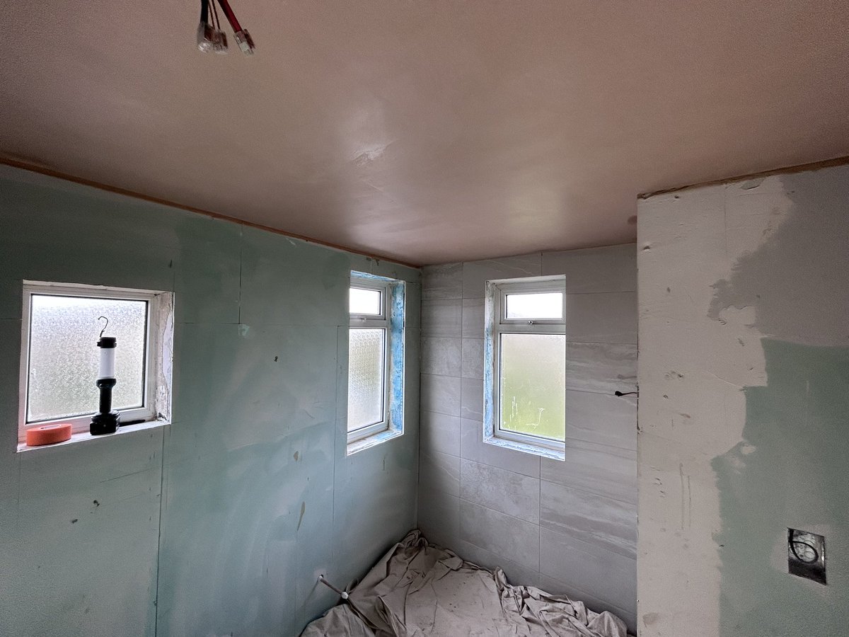bathroom ceiling completed this morning in Bexleyheath . Job is now ready to finish tiling , decorating and installation of the shower and toilet!