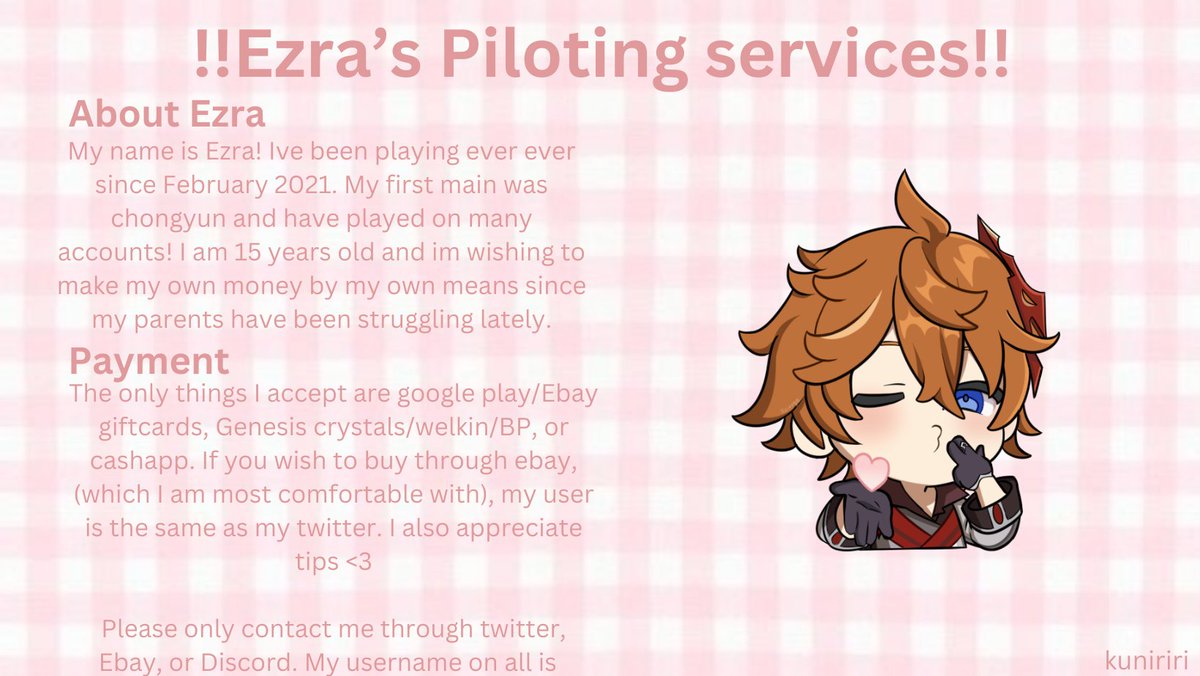 Kuniriri's tweet photo. 🎀 EZRA'S GENSHIN PILOTING SERVICES ARE NOW UPDATED AND HAVE CHEAPER PRICES! 🎀

Felling down or not have enough time for genshin?
fill out the form in my bio or dm me on twitter or discord and commission me!

#GenshinImpact #Genshin #GenshinImpactFontaine #genshintwt #welkin https://t.co/5vGLHgBVKn