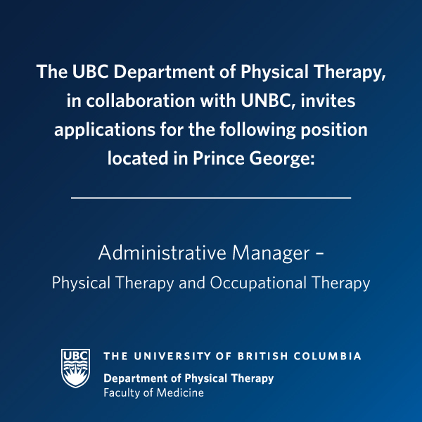The UBC Department of Physical Therapy, in collaboration with UNBC, invites applications for the following position located in Prince George. Learn more and apply - bit.ly/474nIRT #ubcpt #unbc #mptn #princegeorgebc #ubcjobopportunity #jobposting